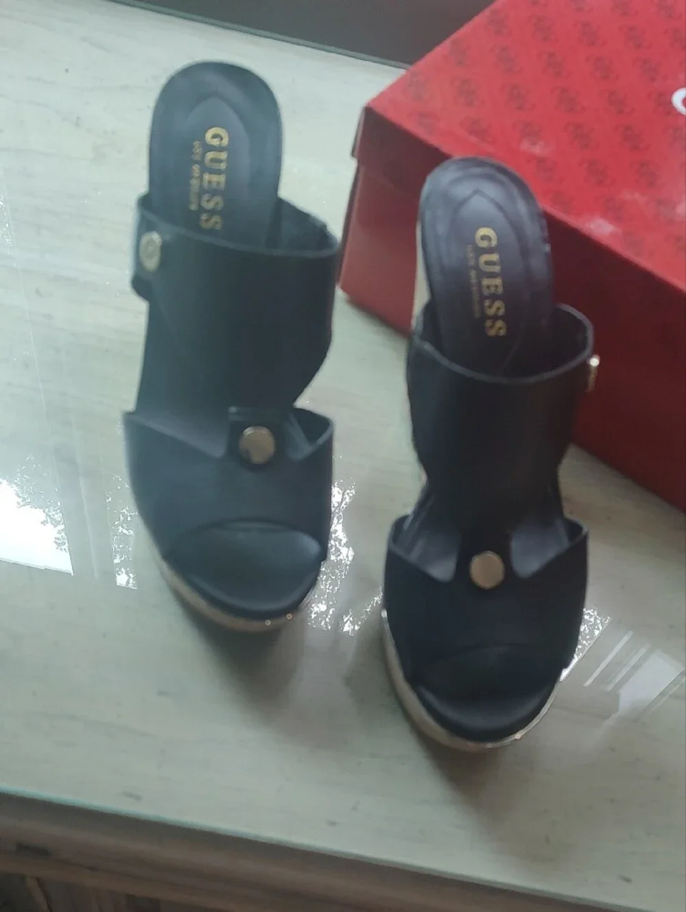 Guess Black Leather Cork Wedge Sandals